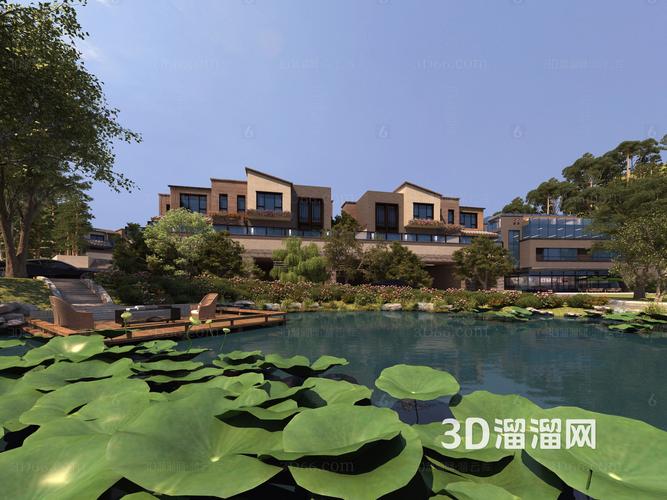 现代别墅园林水景3d模型